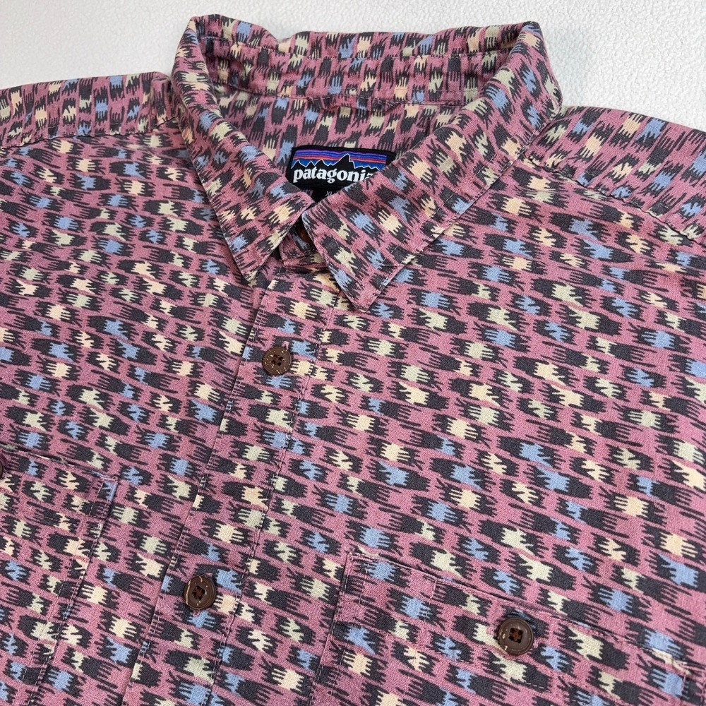 Patagonia Back Step Shirt Men's XL Pink Hemp Organic Cotton‎ Geometric Pocket